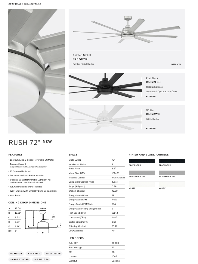 Craftmade Rush Smart Outdoor DC Ceiling Fan with 20W LED Light and Remote