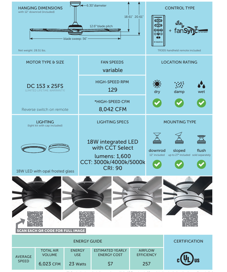 Fanimation Stellar 56" Indoor/Outdoor DC Mix & Match Ceiling Fan with 18W LED Light and Remote Control