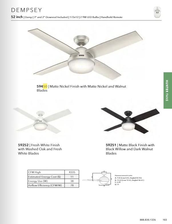Hunter Fan Dempsey 52" Indoor/Outdoor Ceiling Fan with 18W LED and Remote