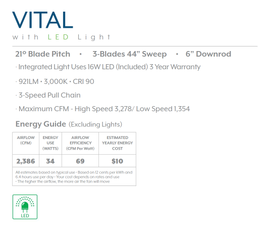Minka Aire Vital 44" Pull Chain Ceiling Fan with 16W LED Light