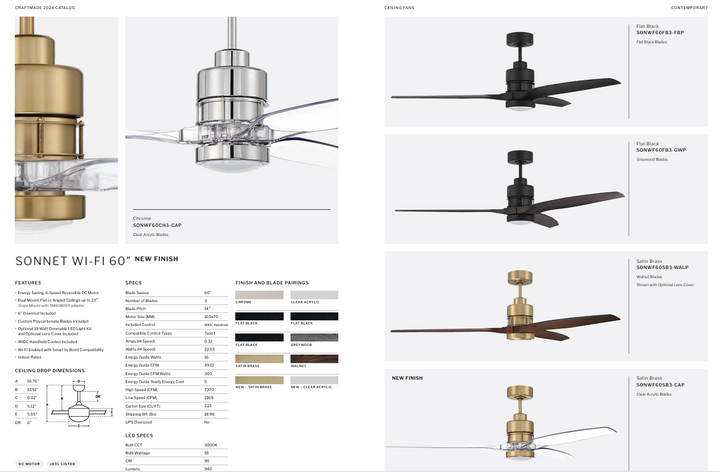 Craftmade Sonnet WiFi Smart DC Ceiling Fan with 18W LED and Remote