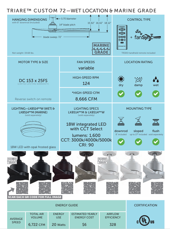 Fanimation 72" TriAire DC Indoor/Outdoor & Marine Grade Mix & Match Ceiling Fan with Remote Control