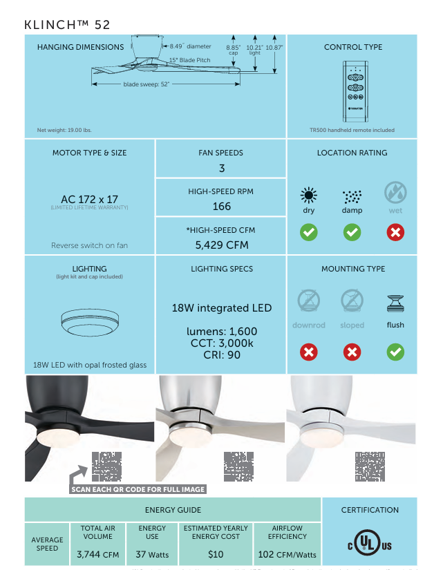 Fanimation Klinch 52" Flushmount Indoor/Outdoor Ceiling Fan with 18W LED Light and Remote Control