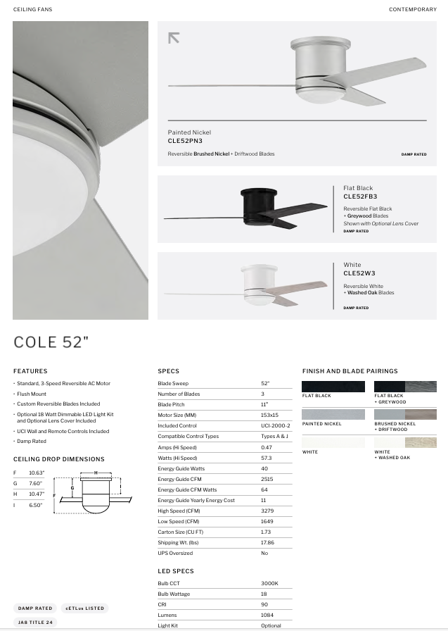 Craftmade Cole Indoor/Outdoor Flushmount Ceiling Fan with Wall and Remote Control