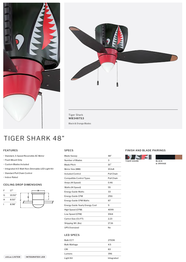 Craftmade WarPlanes 48" Pull Chain Kids Flushmount Ceiling Fan with LED Light in Warbird Black/Tiger Shark