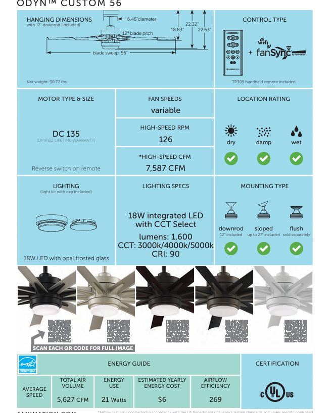 Fanimation Odyn 56" DC Indoor/Outdoor Mix & Match Ceiling Fan with 18W LED Light and Remote Control