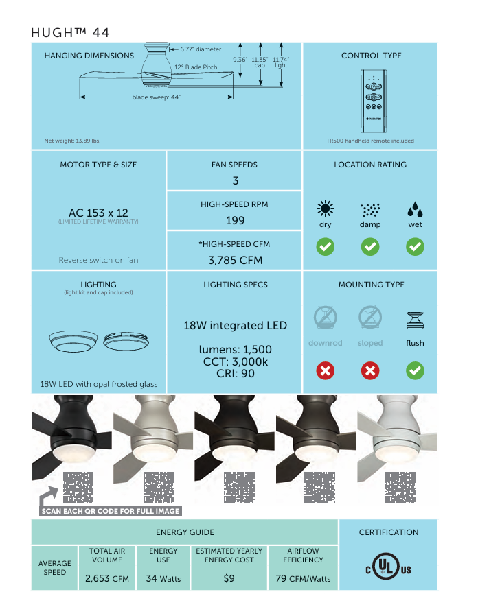 Fanimation Hugh 44" AC Indoor/Outdoor Flushmount Ceiling Fan with 18W LED Light and Remote Control