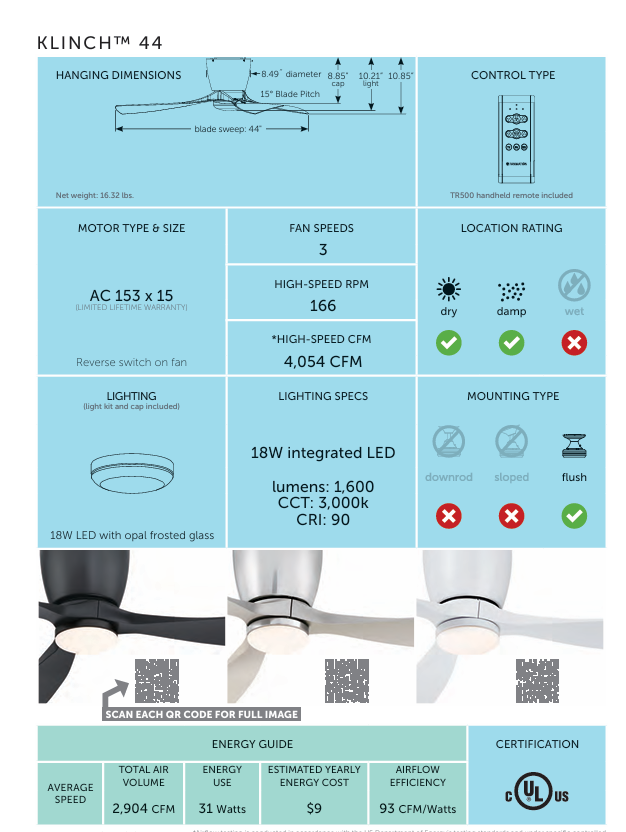 Fanimation Klinch 44" Flushmount Indoor/Outdoor Ceiling Fan with 18W LED Light and Remote Control