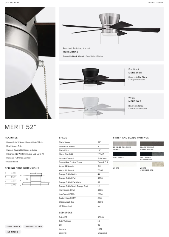 Craftmade Merit 52" Flushmount Pull Chain Ceiling Fan with 18W Dimmable LED Light