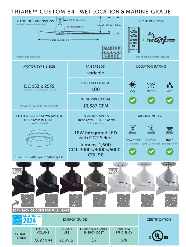 Fanimation 84" TriAire DC Indoor/Outdoor & Marine Grade Mix & Match Ceiling Fan with Remote Control