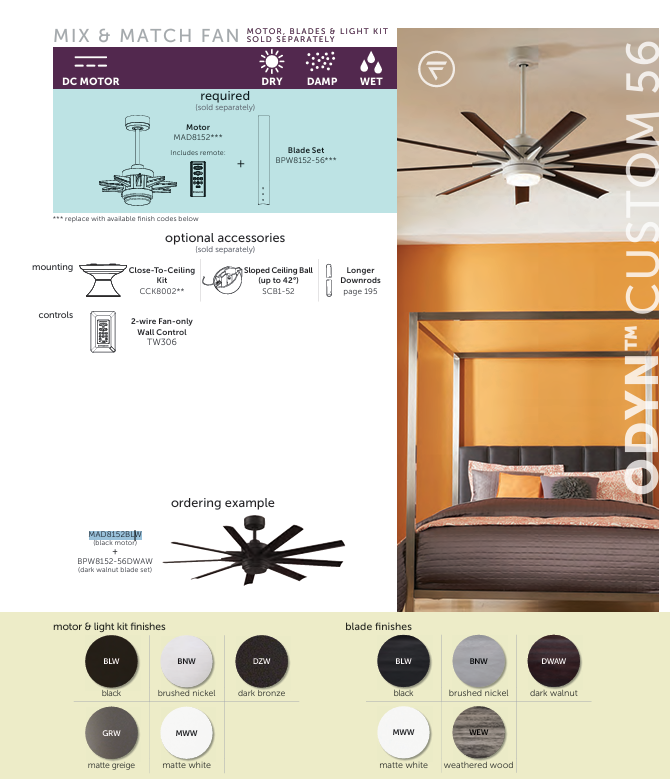 Fanimation Odyn 56" DC Indoor/Outdoor Mix & Match Ceiling Fan with 18W LED Light and Remote Control