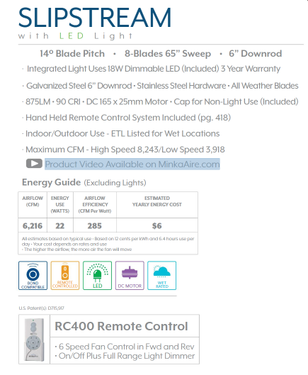 Minka Aire Slipstream 65" Outdoor DC Ceiling Fan with 18W Dimmable LED Light and Remote Control