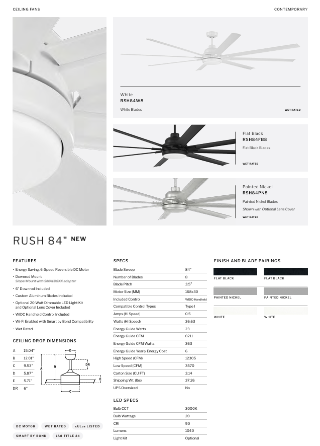 Craftmade Rush Smart Outdoor DC Ceiling Fan with 20W LED Light and Remote