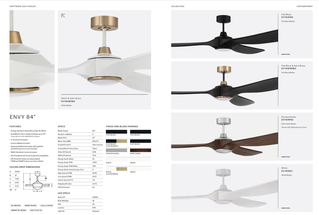 Craftmade Envy Indoor/Outdoor Smart DC Ceiling Fan with 18W LED and Remote
