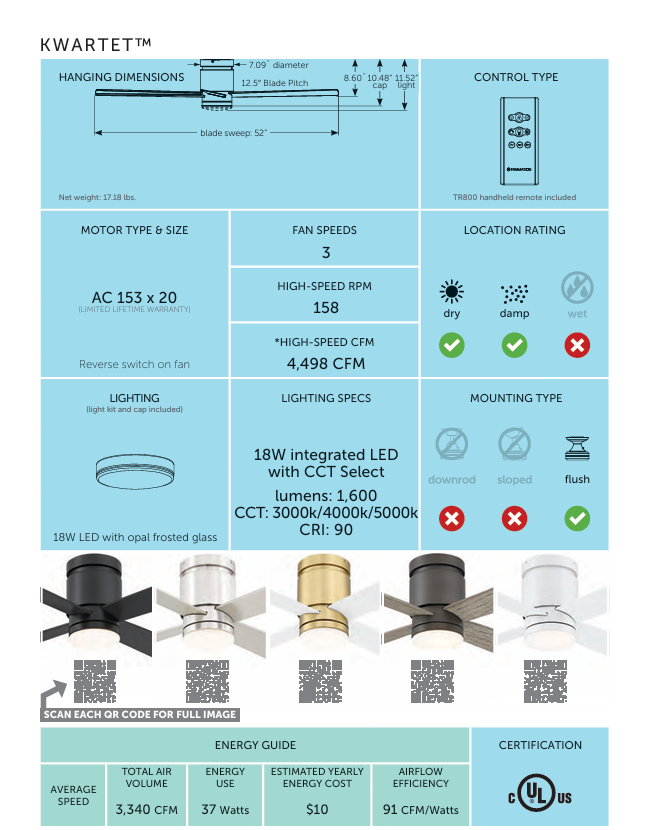 Fanimation Kwartet 52" Flushmount Indoor/Outdoor Ceiling Fan with 18W LED Light and Remote Control