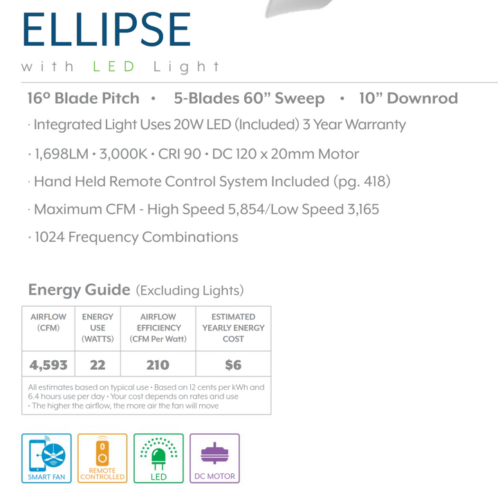 Minka Aire Ellipse 60" DC Ceiling Fan with 20W LED Light and 6 Speed Remote Control