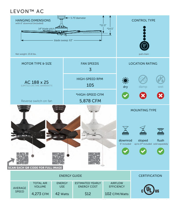 Fanimation Levon AC 63" Pull Chain Ceiling Fan