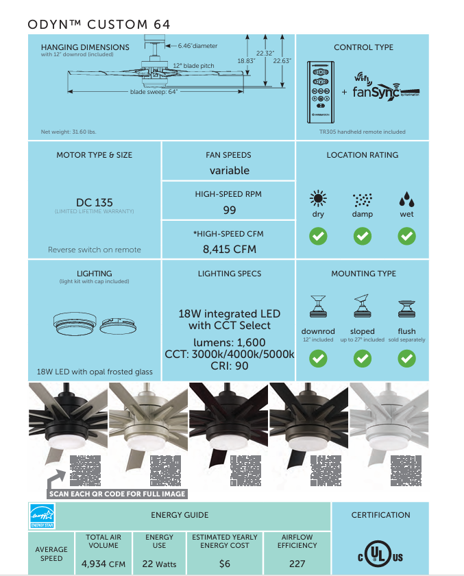 Fanimation Odyn 64" DC Indoor/Outdoor Mix & Match Ceiling Fan with 18W LED Light and Remote Control