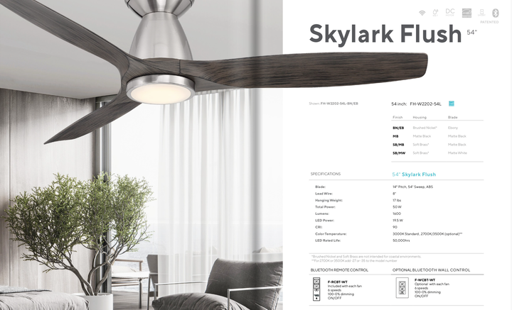 Modern Forms Fans Skylark 54" Flushmount Smart Outdoor DC Ceiling Fan with 19.5W CCT LED and Remote Control