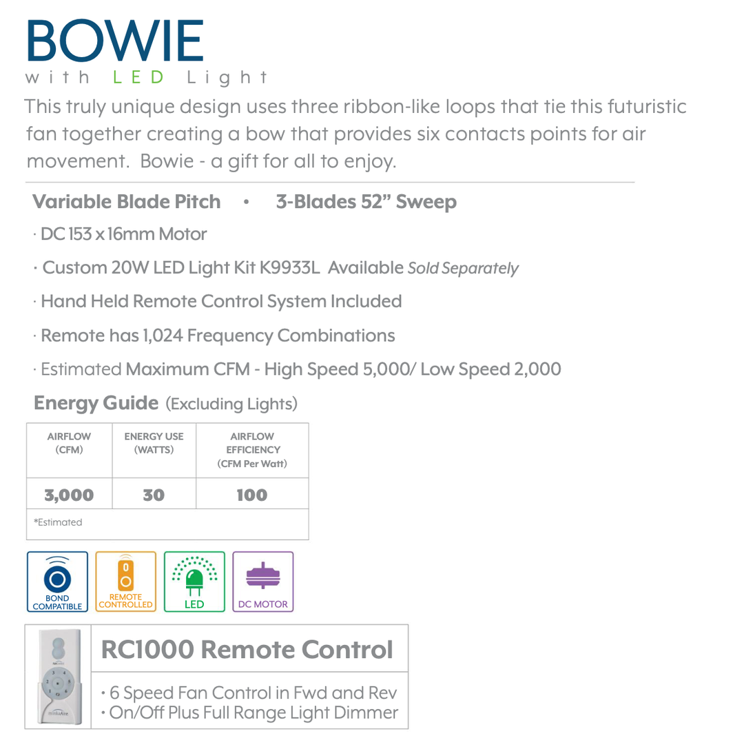 Minka Aire Bowie 52" DC Ceiling Fan with Dimmable LED Light and Remote Control