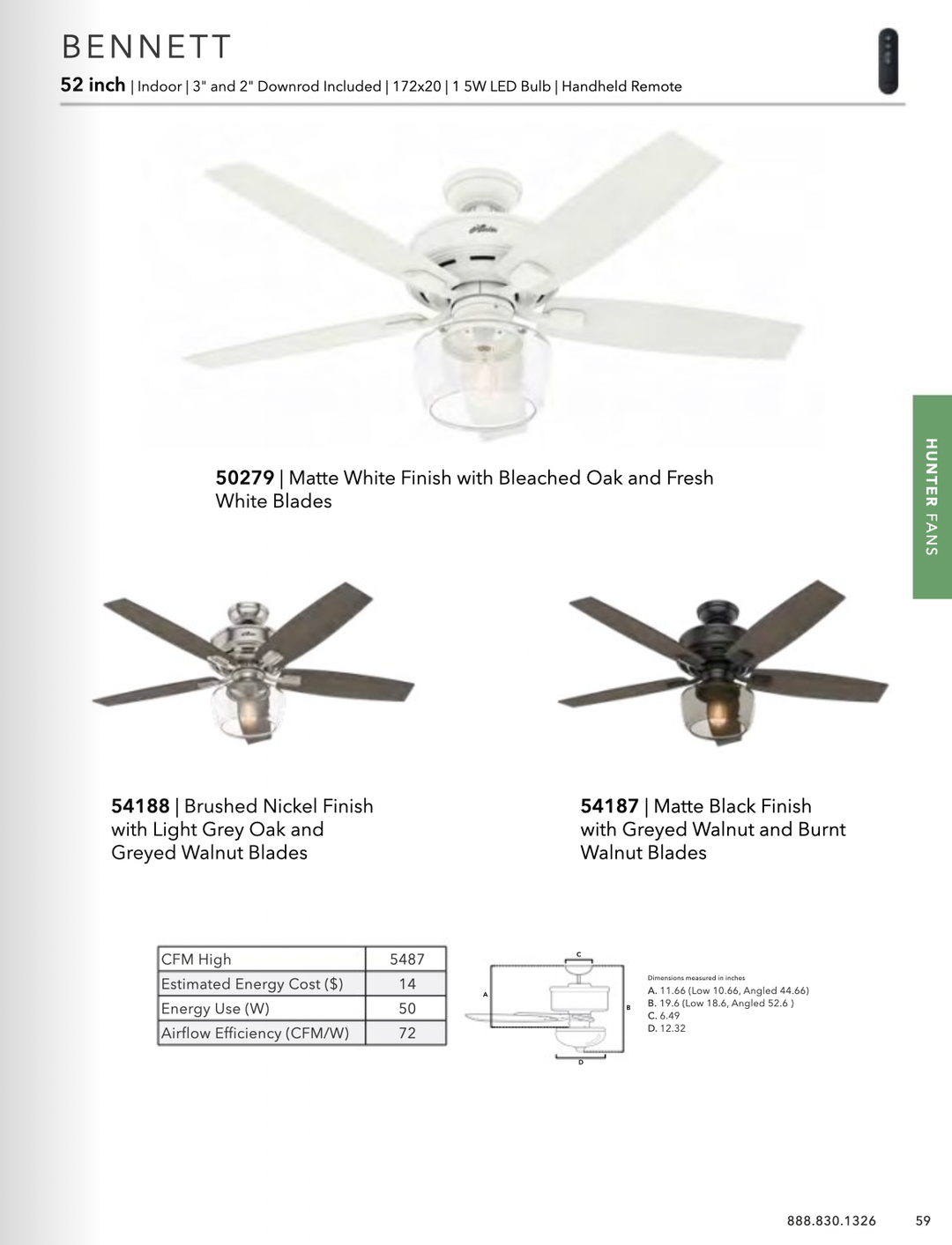 Hunter Fan Bennett 52" Indoor Ceiling Fan with 5W LED and Remote