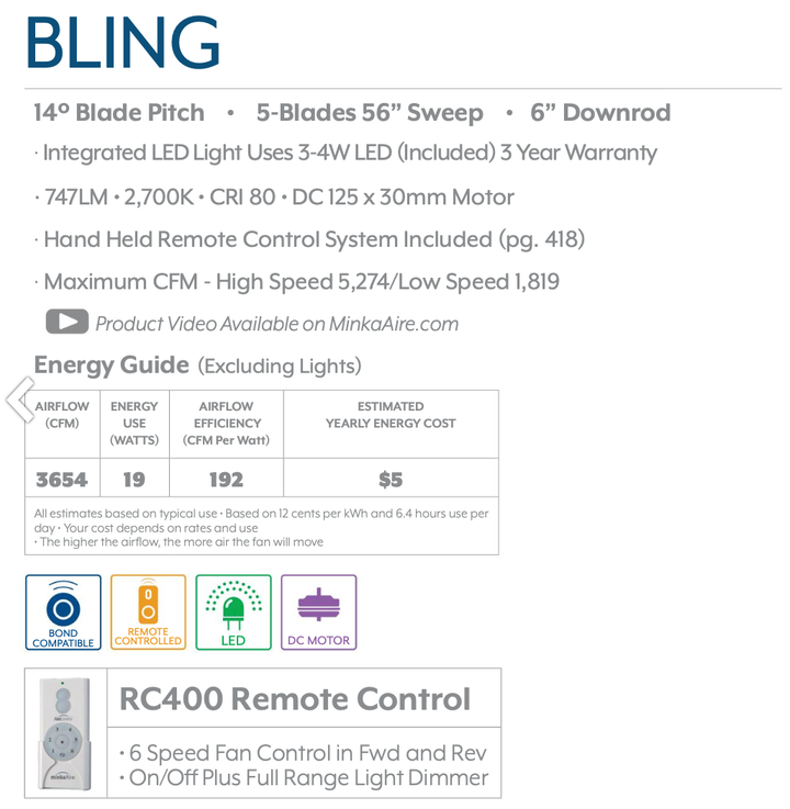 Minka Aire Bling 56" DC Ceiling Fan with Dimmable LED Light and 6 Speed Remote Control