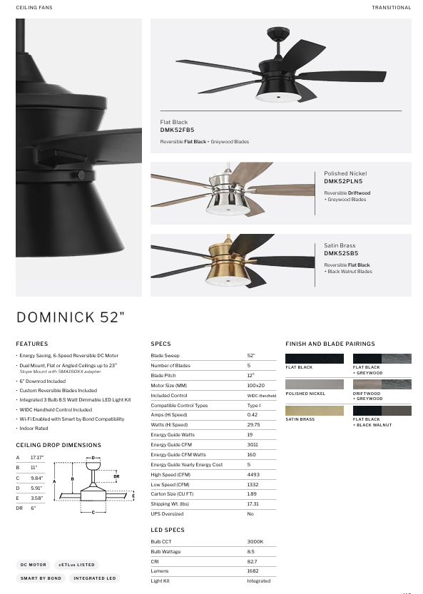 Craftmade Dominick 52" Smart DC Ceiling Fan with LED Light and Remote