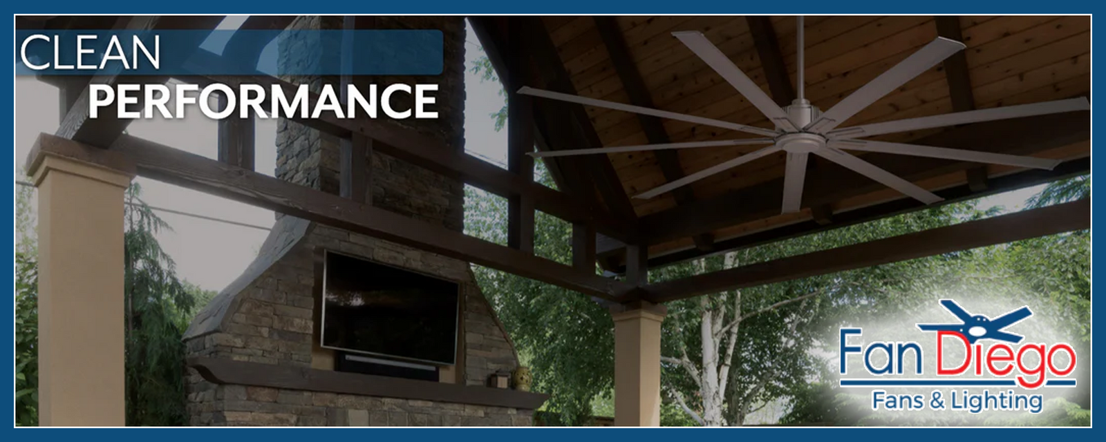 A fan hung in that patio that is over a grill.