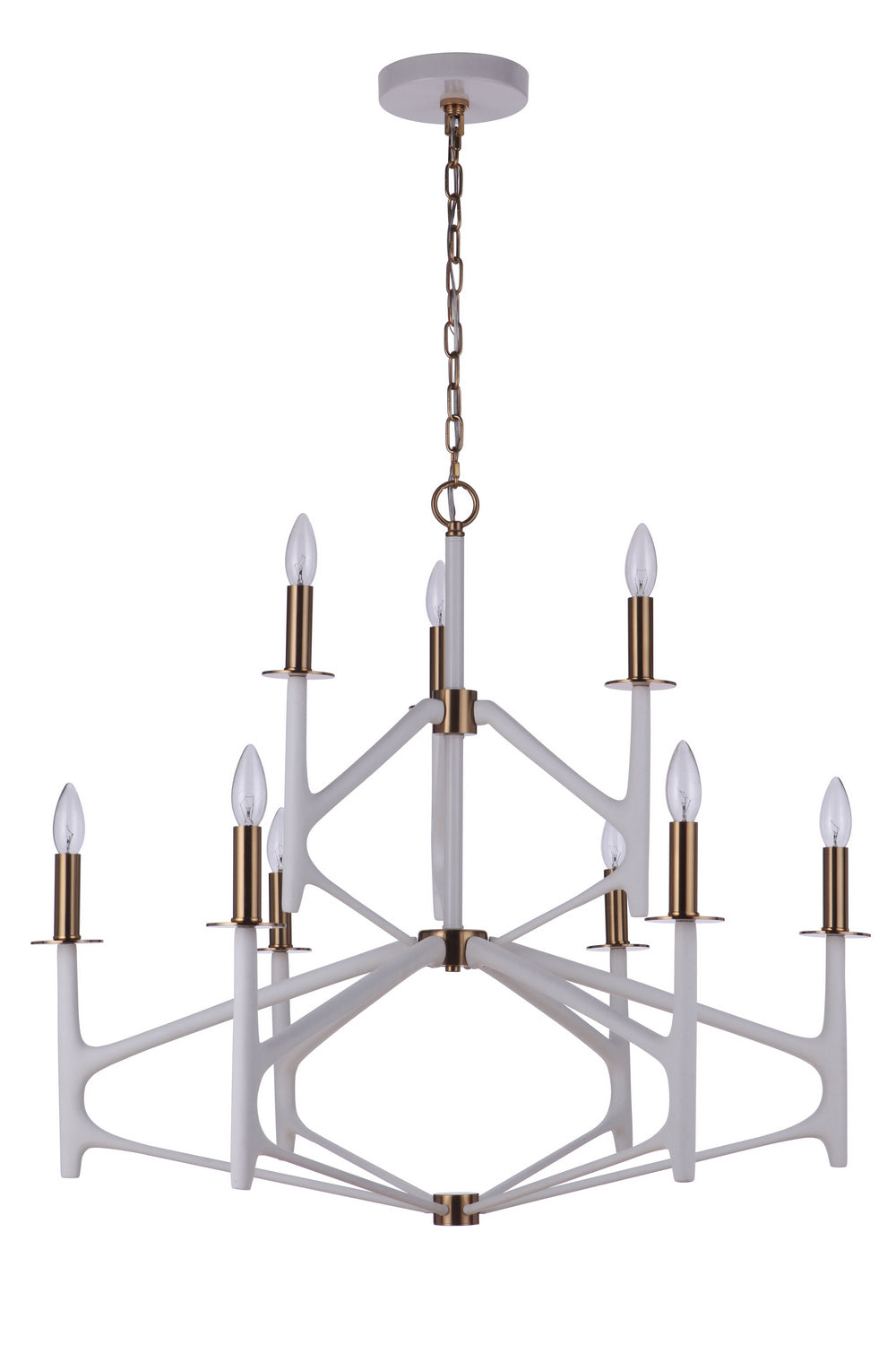 The Reserve Nine Light Chandelier in Matte White/Satin Brass