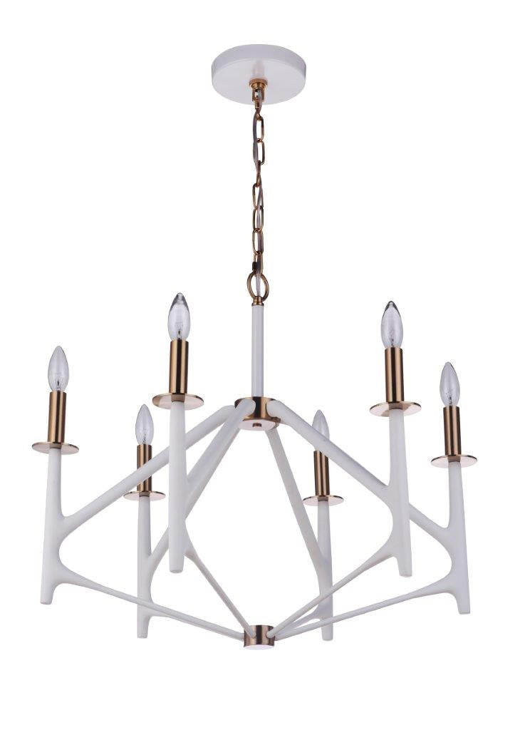 The Reserve Six Light Chandelier in Matte White/Satin Brass