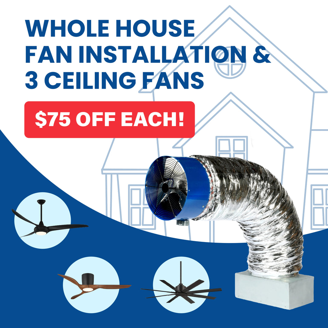 A whole house fan next to 3 ceiling fans included in the bundle.