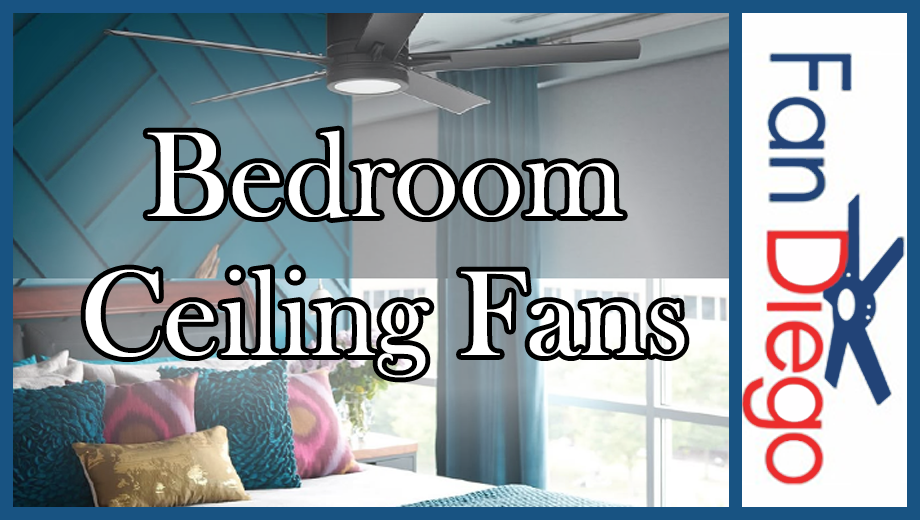 A ceiling fan hanging inside of a bedroom with a stylish blue look.