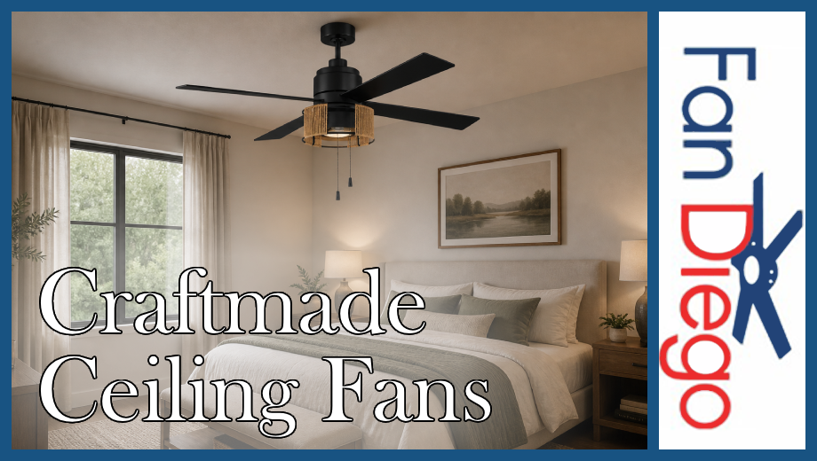 Bedroom with a modern black ceiling fan and light, labeled “Craftmade Ceiling Fans” with a Fan Diego logo.