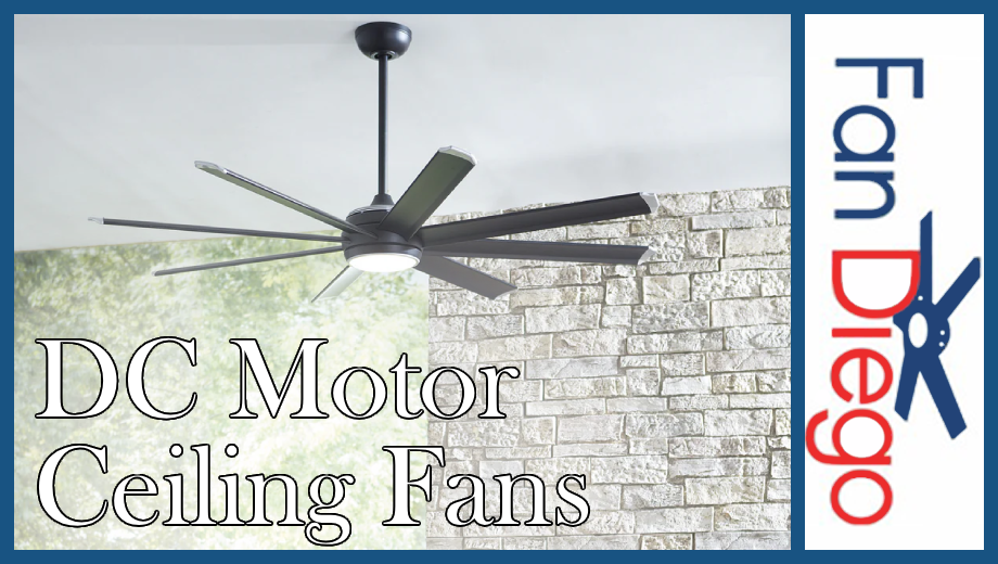 DC motor ceiling fan with modern black blades installed in a contemporary outdoor patio setting. With blog title "DC Motor Ceiling Fans"