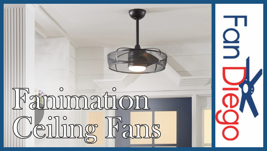 Close up of fanimation fan with title fanimation ceiling fans