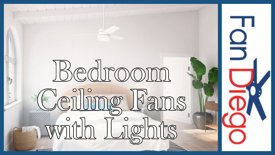 A white bedroom ceiling fan with lights in a simplistic bedroom