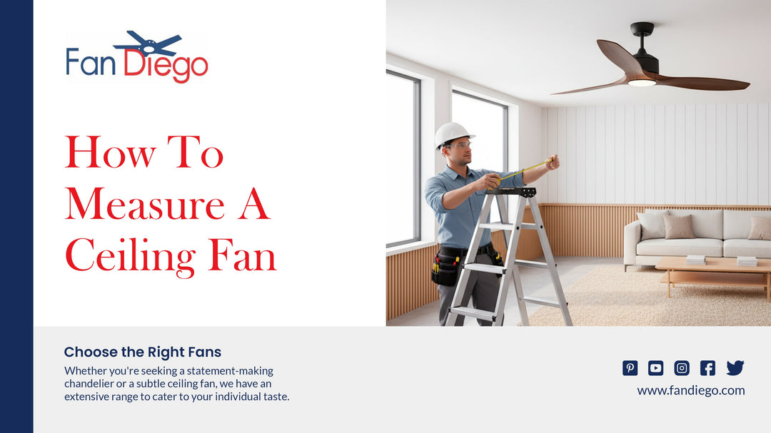 A man measuring a ceiling fan with a tape measure.