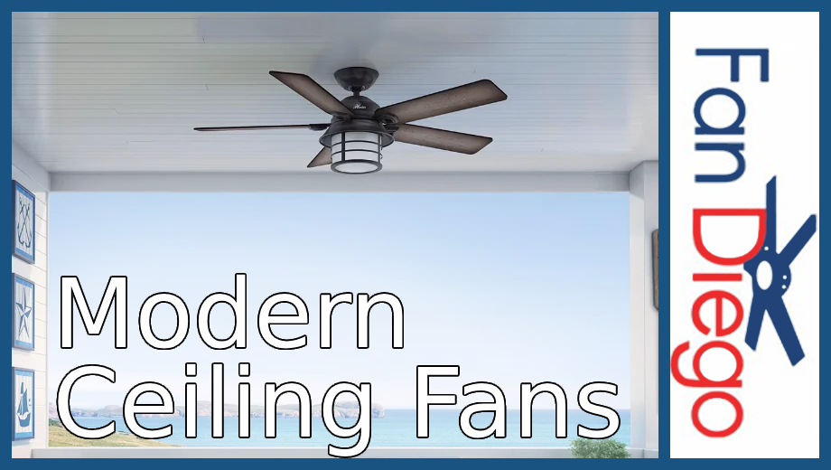 A Modern ceiling fan on a balcony over looking the ocean