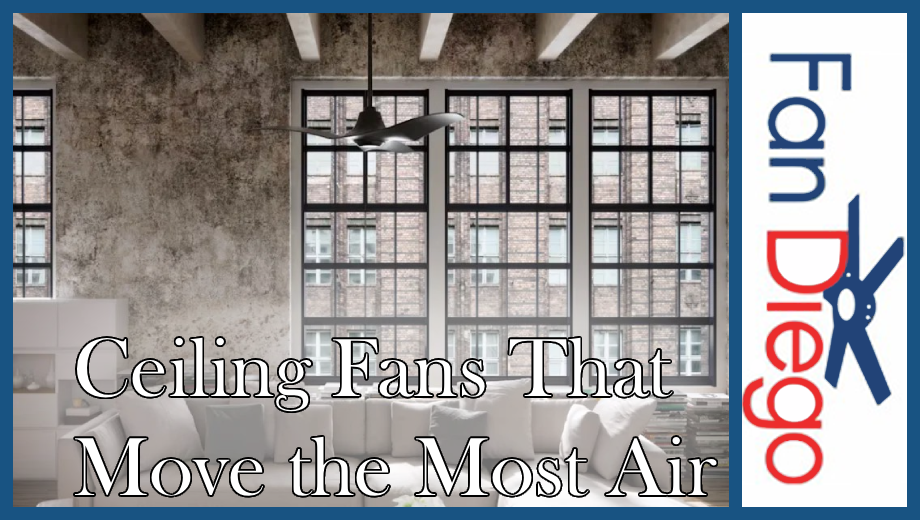 Ceiling fan in modern living room with Fan Diego logo