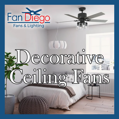 A decorative ceiling fan hanging in a bedroom next to a light.