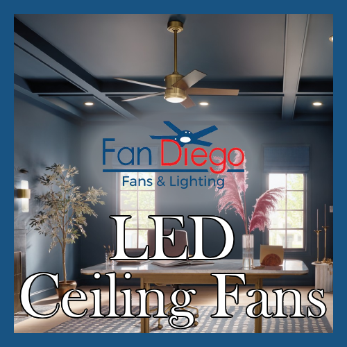 LED Ceiling Fans featured image showing a modern living room with a contemporary ceiling fan with integrated LED light, Fan Diego Fans & Lighting logo, and the text "LED Ceiling Fans."
