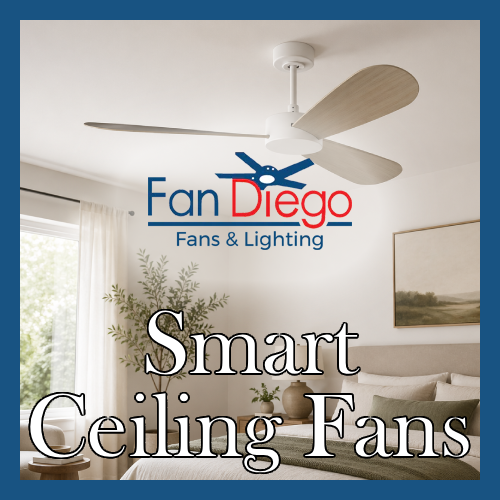 fan diego logo with smart ceiling fans title background is a white bedroom with a white fan and wooden blades