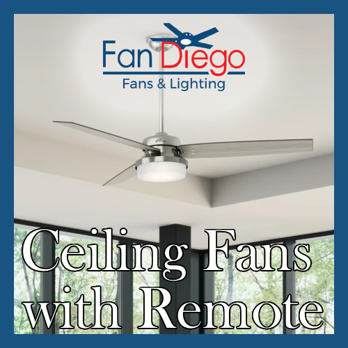 “Modern ceiling fan with a light and remote control in a bright room, with Fan Diego branding and the text ‘Ceiling Fans with Remote.’”