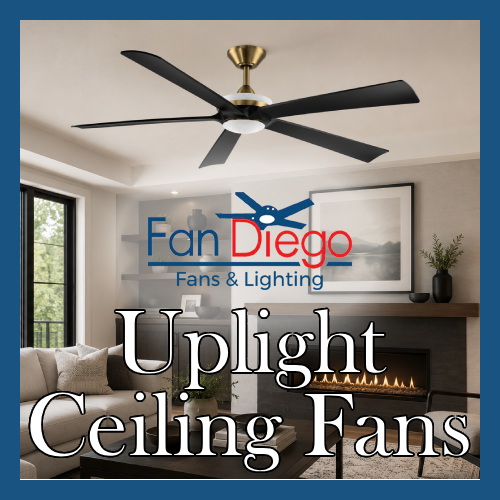 Modern living room featuring a black and brass uplight ceiling fan with Fan Diego Fans & Lighting logo and the text "Uplight Ceiling Fans."