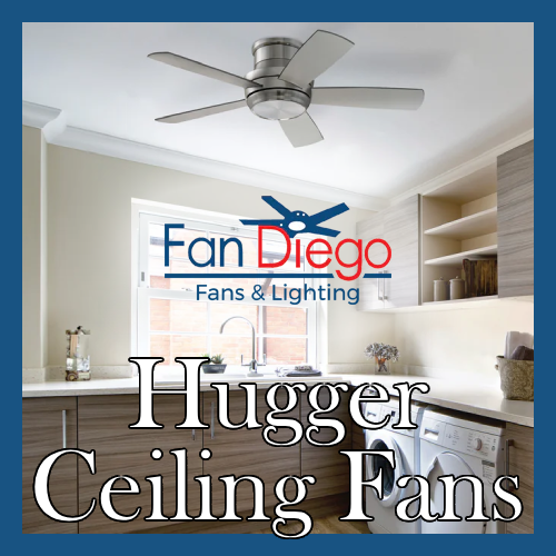 Modern kitchen with low-profile hugger ceiling fan and Fan Diego Fans & Lighting branding.