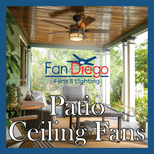 Covered patio with outdoor ceiling fan and seating, featuring Fan Diego Fans & Lighting patio ceiling fans branding.