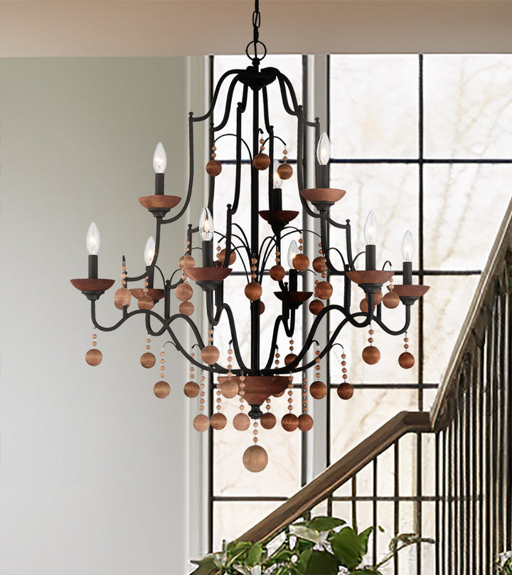 Minka Lavery Colonial Charm Nine Light Chandelier in Old World Bronze with Walnut Acce