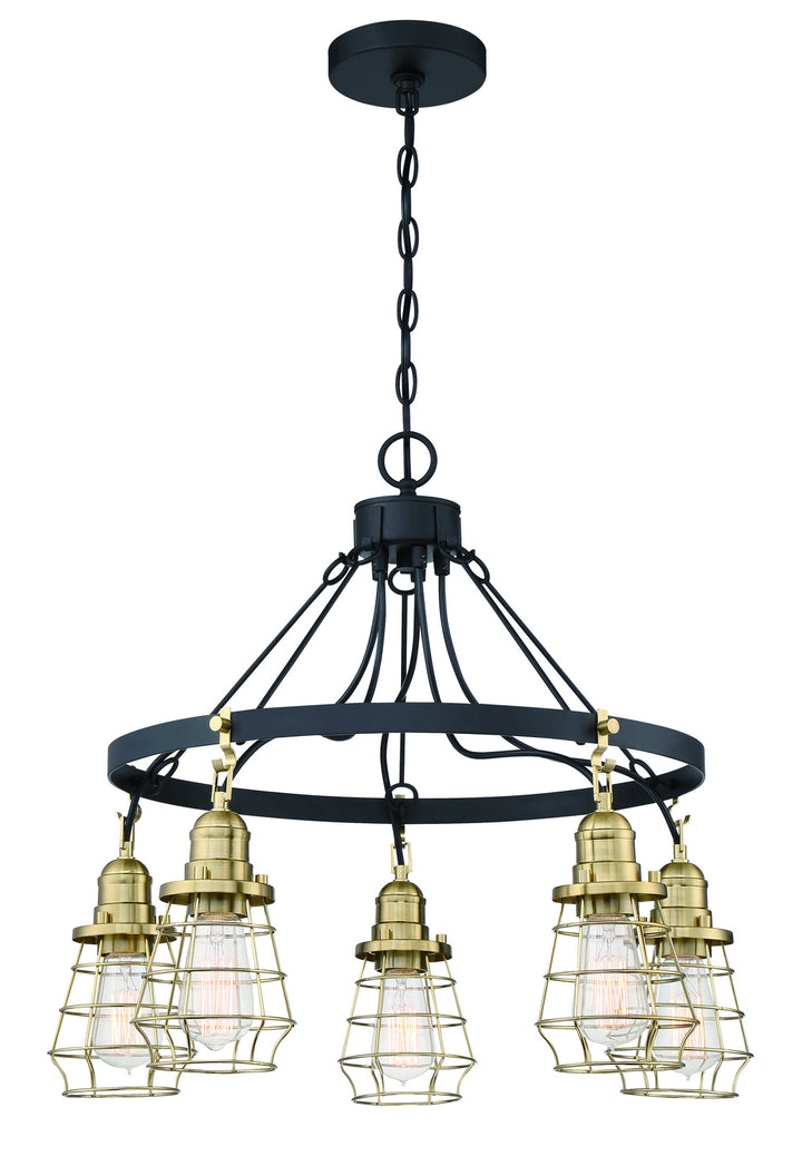 Thatcher Five Light Chandelier in Flat Black/Satin Brass