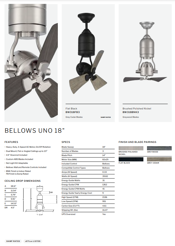 Craftmade Bellows Uno 18" Indoor/Outdoor AC Rotating Ceiling Fan with Wall and Remote Control