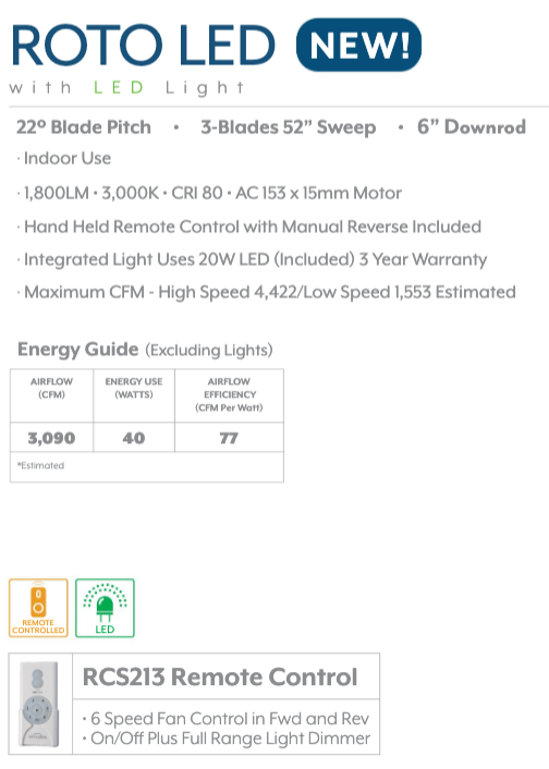 Minka Aire Roto LED 52" Ceiling Fan with 20W LED Dimmable Light and Remote Control